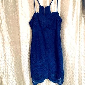 Intrigue Couture Royal Blue Crochet Dress with Keyhole open Front Lined